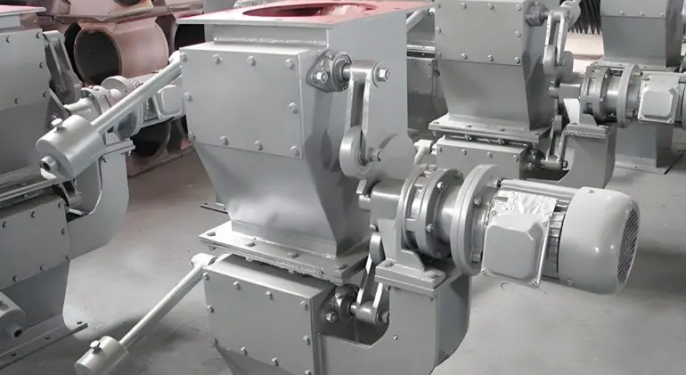 A row of double flap valves line up in the Dako factory, highlighting their working principle and design.