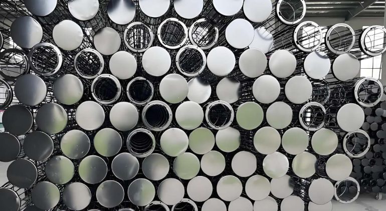 Hundreds of silicone filter bag cages are neatly stacked in Darko's factory and designed for optimal dust collection and air filtration.