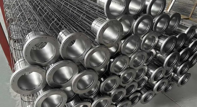 Hundreds of silicone filter bag cages are neatly stacked in Darko's factory and designed for optimal dust collection and air filtration.
